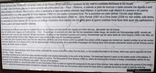 Forte Sommo Alto - Tabelle
