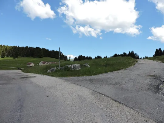 Inizio del percorso, sullo sfondo la malga, si prende la strada a destra