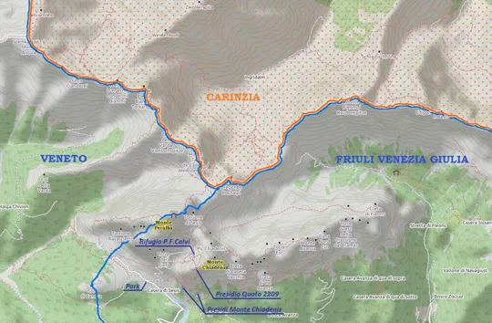 Quota 2209 - Planimetria della zona, con evidenziato in arancione la regione Austriaca